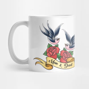 Hand Drawn Tattoo with the Inscription of Mom and Dad Mug